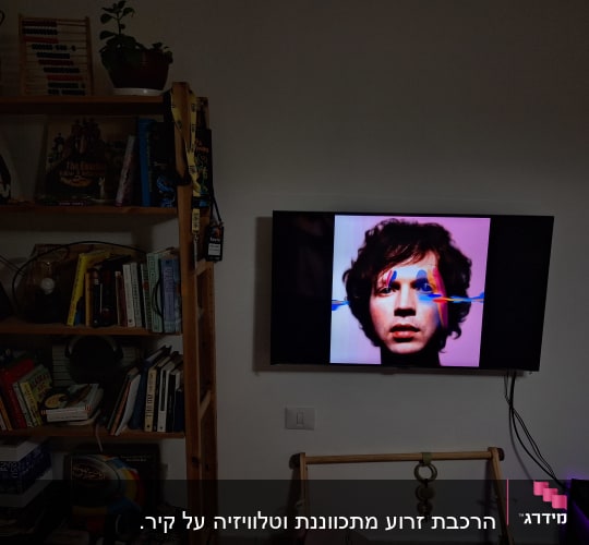 חדר עם מדף ספרים וטלוויזיה על הקיר